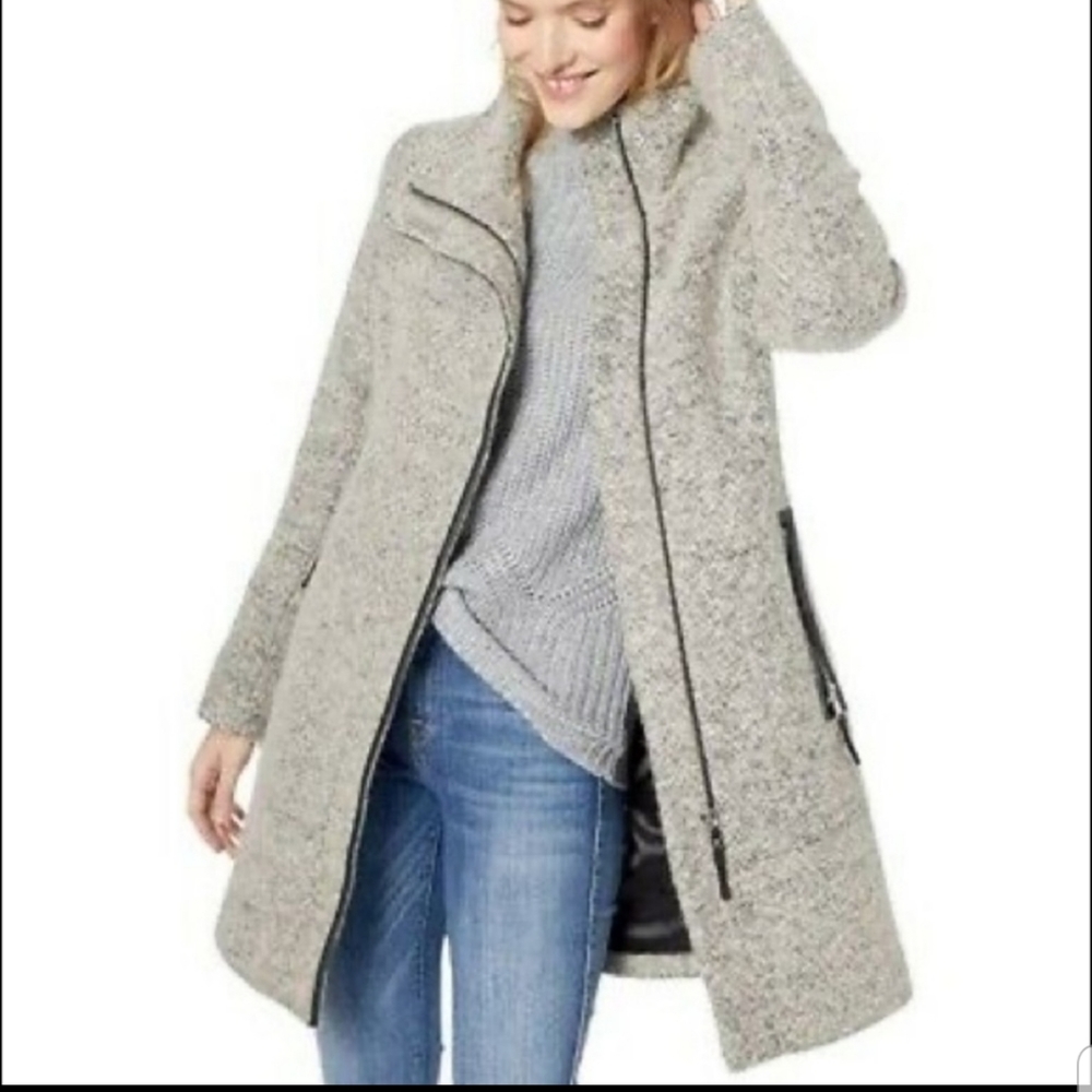 Calvin Klein Faux-Leather-Trim Bouclé Asymmetric Wool Blend Coat S